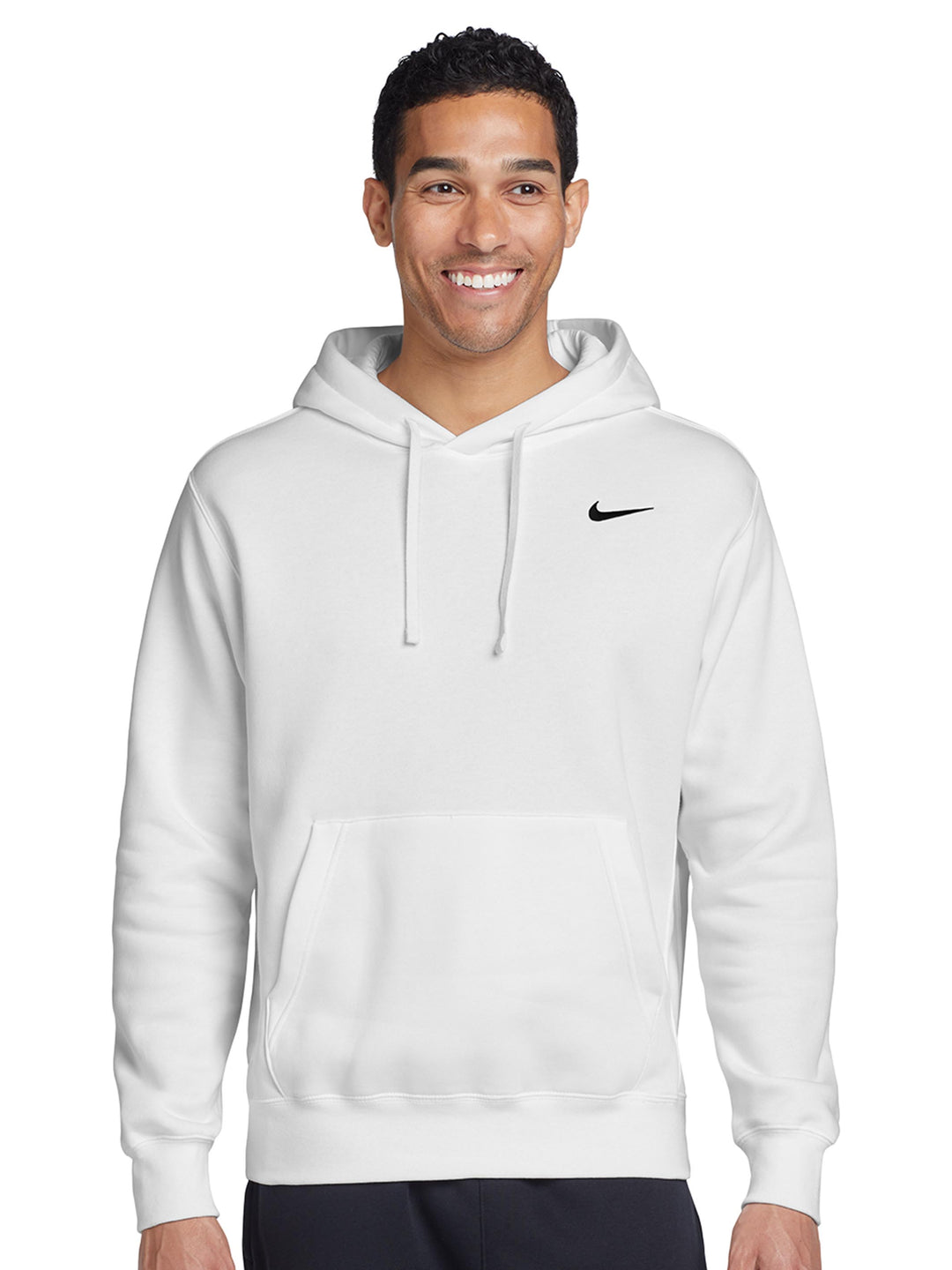 White Nike Club Fleece Hoodie with black embroidered logo, ideal for custom embroidery. Stylish and comfortable for everyday wear.