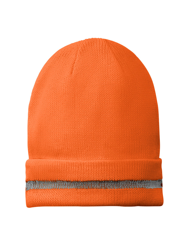 Custom CornerStone® reflective beanie in safety orange with a reflective stripe for enhanced visibility. Warm knit design, ideal for workwear.