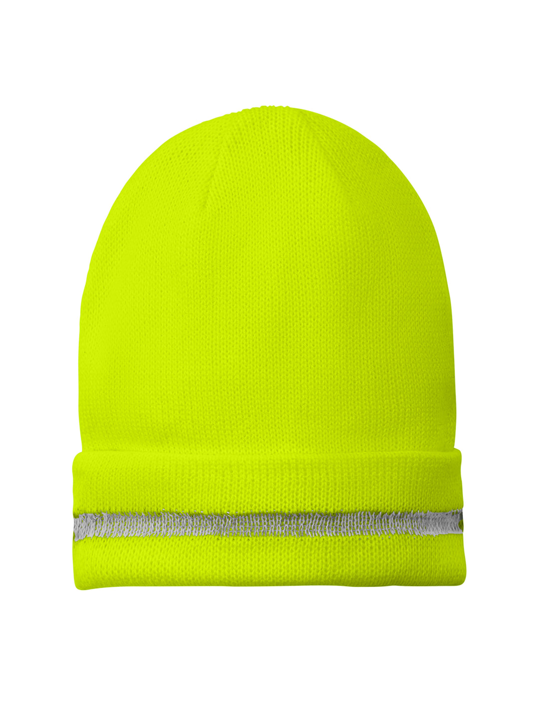 Custom CornerStone® reflective beanie in neon yellow with a reflective stripe for high visibility. Perfect for safety and outdoor work environments.