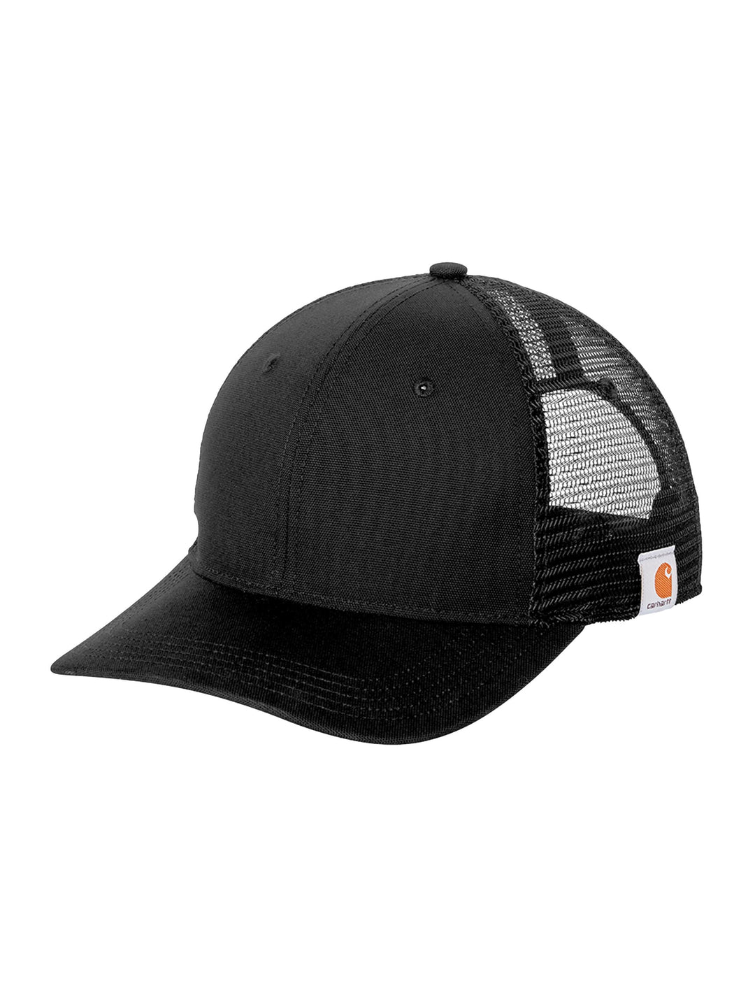 Black Custom Carhartt Canvas Mesh Back Cap with mesh back and Carhartt logo tag, designed for durability and custom branding.