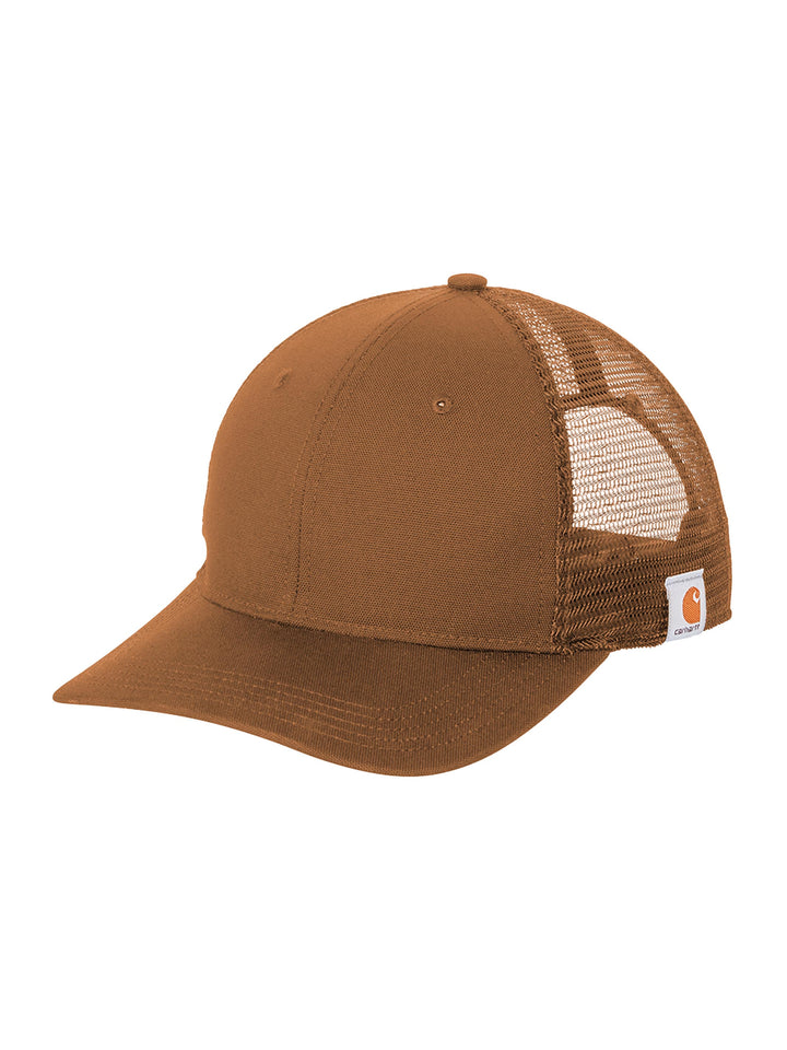 Side view of brown Custom Carhartt Canvas Mesh Back Cap featuring breathable mesh and Carhartt logo tag, perfect for rugged outdoor use.