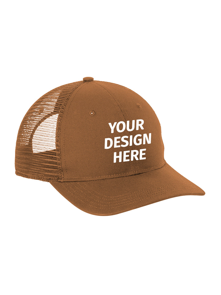 Custom Carhartt Canvas Mesh Back Cap in brown with 'Your Design Here' text, ideal for personalized workwear and branded apparel.
