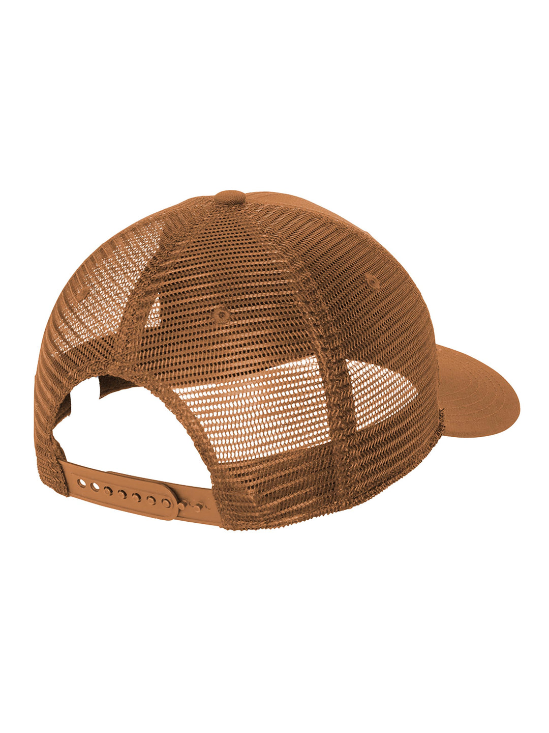 Rear view of brown Custom Carhartt Canvas Mesh Back Cap with adjustable snapback closure and mesh paneling for ventilation.