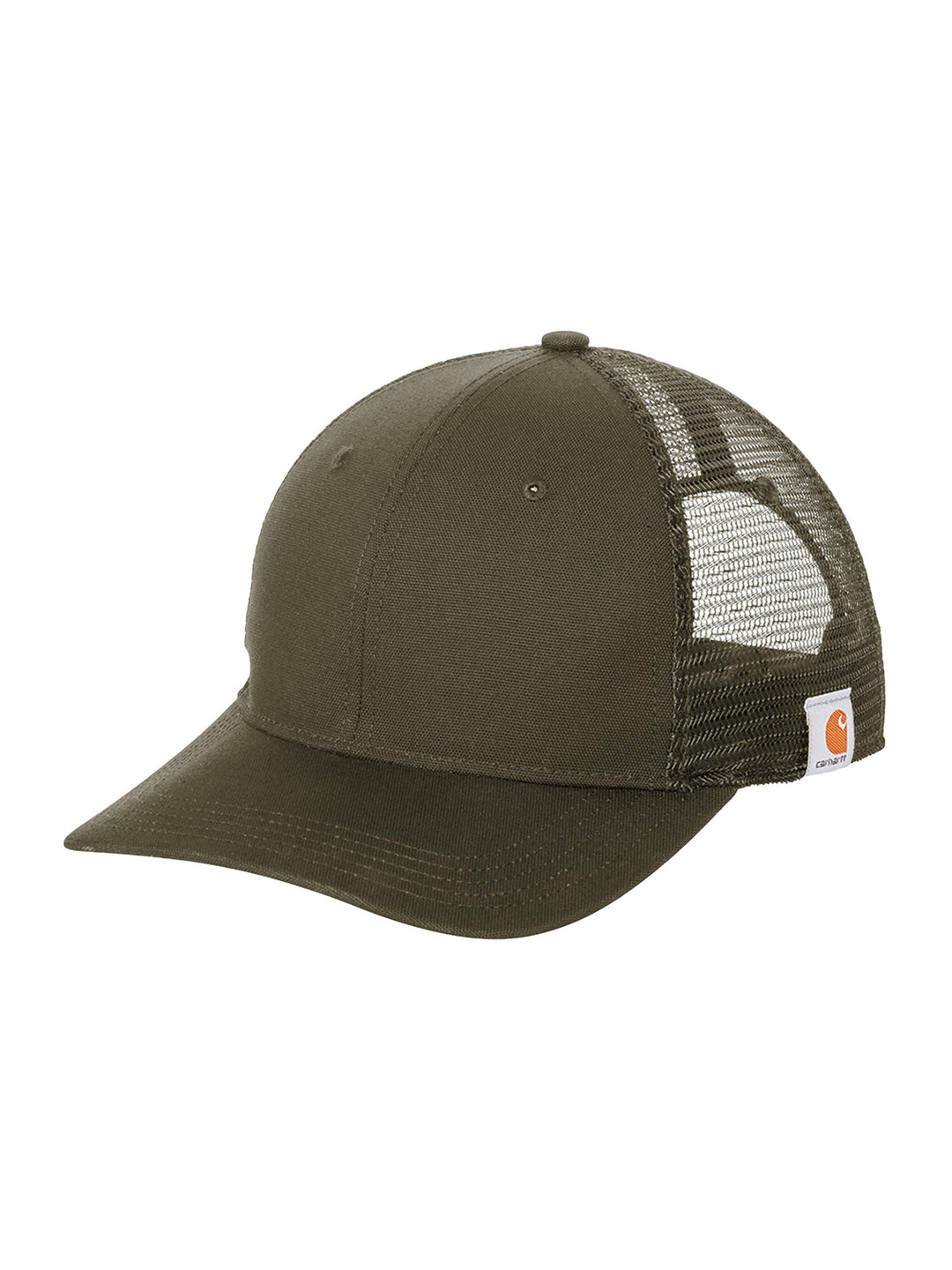 Olive green Custom Carhartt Canvas Mesh Back Cap with structured front and mesh back, ideal for custom logo embroidery and outdoor wear.
