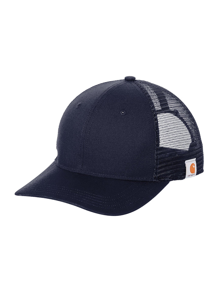 Navy Custom Carhartt Canvas Mesh Back Cap with breathable mesh and Carhartt branding, suitable for workwear and custom printing.
