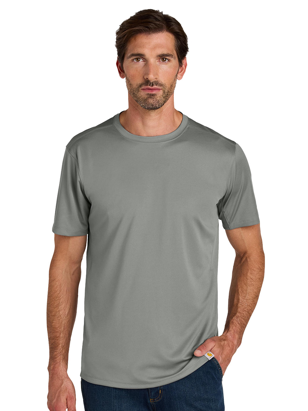 Front view of Custom Carhartt Force Sun Defender Short Sleeve T-Shirt in gray, designed for durability and sun protection.