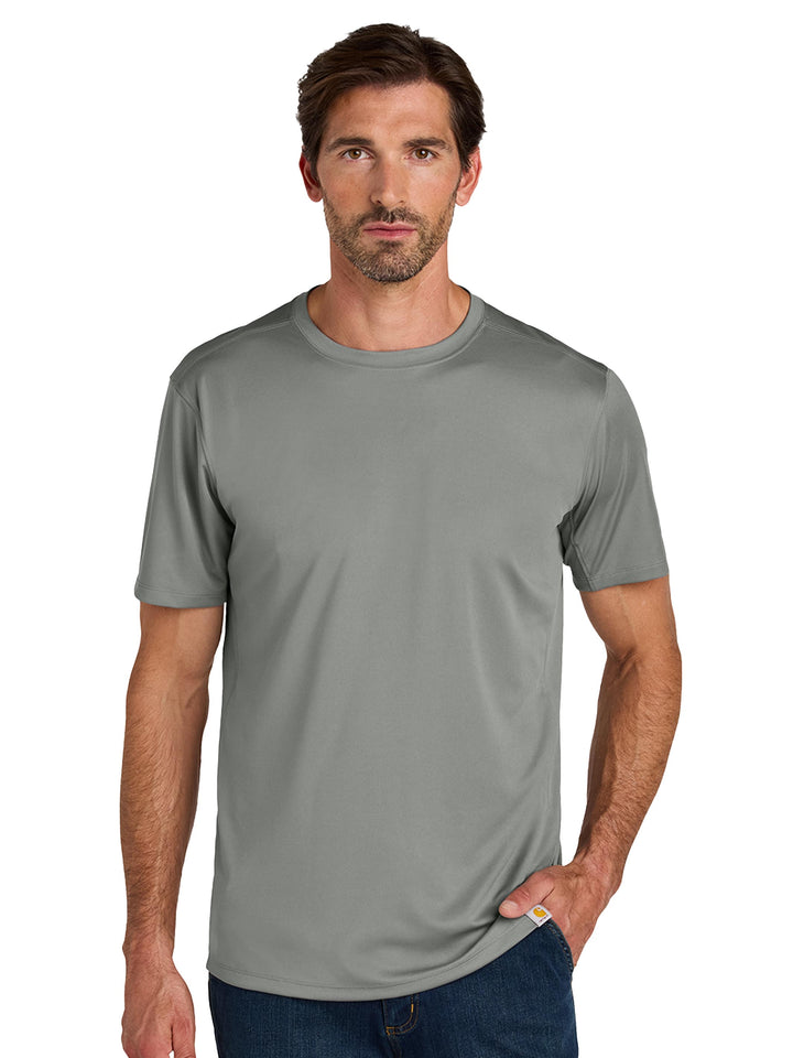 Front view of Custom Carhartt Force Sun Defender Short Sleeve T-Shirt in gray, designed for durability and sun protection.