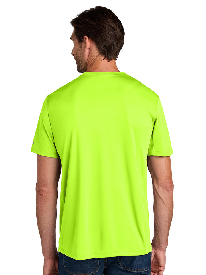 Back view of Custom Carhartt Force Sun Defender Short Sleeve T-Shirt in bright lime, showcasing full coverage for UPF 50+ sun protection.
