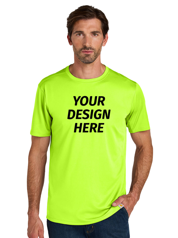 Custom Carhartt Force Sun Defender Short Sleeve T-Shirt in bright lime with 'Your Design Here' text, ideal for personalized workwear.