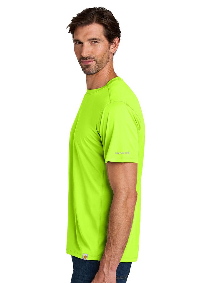 Side view of Custom Carhartt Force Sun Defender Short Sleeve T-Shirt in bright lime, highlighting sleeve logo and athletic fit.