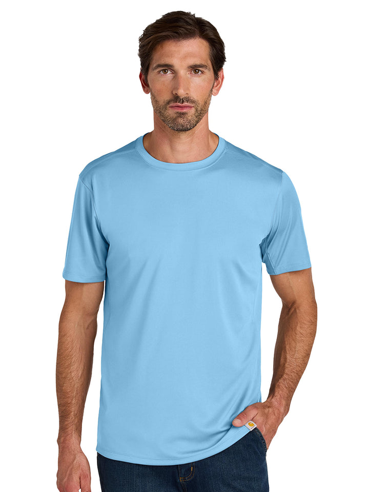 Custom Carhartt Force Sun Defender Short Sleeve T-Shirt in light blue, offering UPF 50+ protection and moisture-wicking comfort.