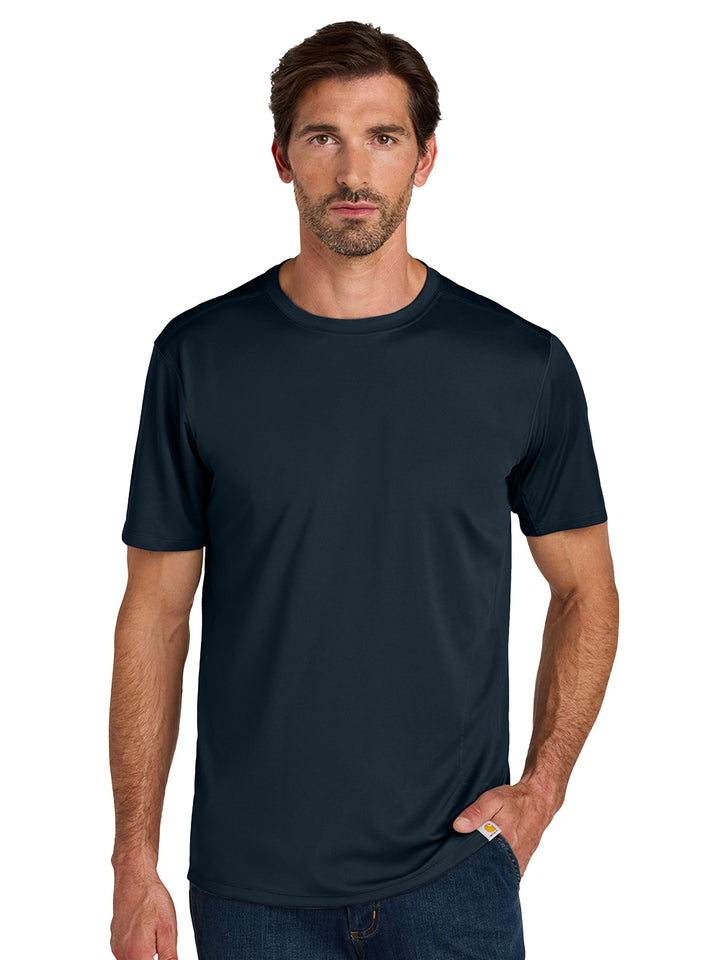 Custom Carhartt Force Sun Defender Short Sleeve T-Shirt in navy blue, great for branded workwear and outdoor performance.