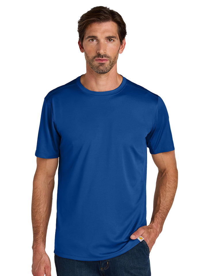 Custom Carhartt Force Sun Defender Short Sleeve T-Shirt in royal blue, perfect for embroidery and high-visibility team gear.