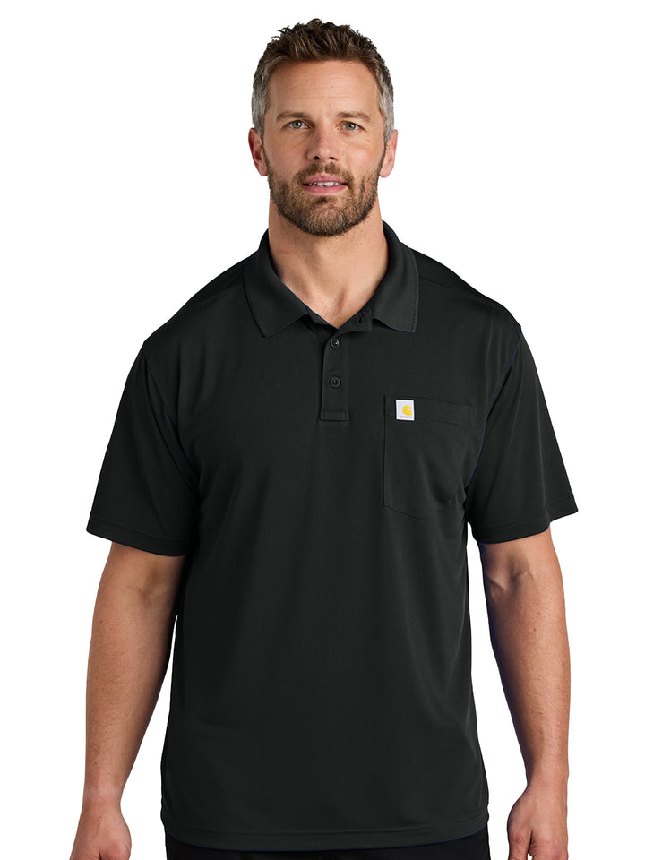 Custom Carhartt Force Snag-Resistant Pocket Polo in black, designed for durability with moisture-wicking fabric and a front chest pocket.