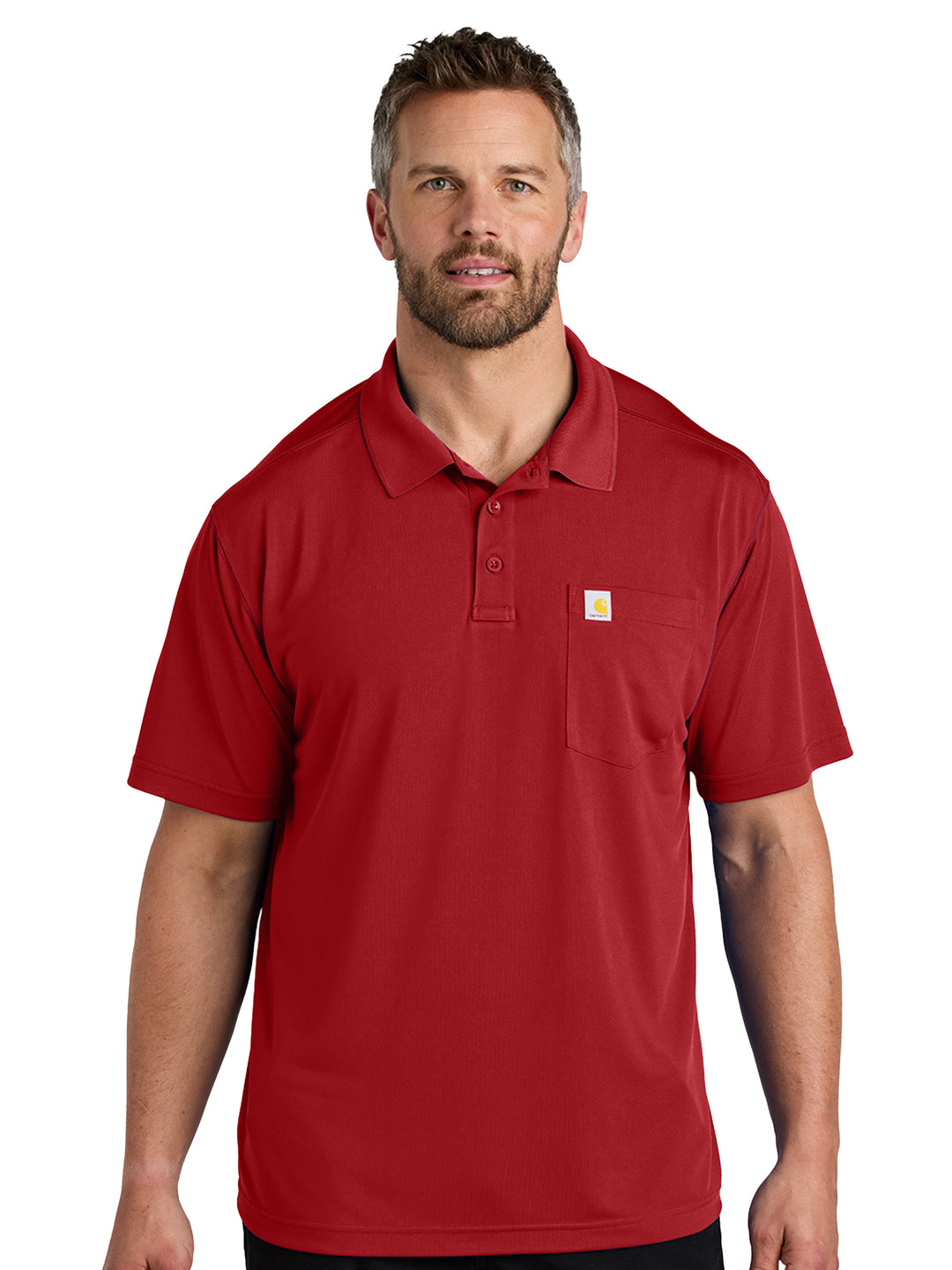 Custom Carhartt Force Snag-Resistant Pocket Polo in red, featuring a professional look with a chest pocket and snag-resistant fabric.