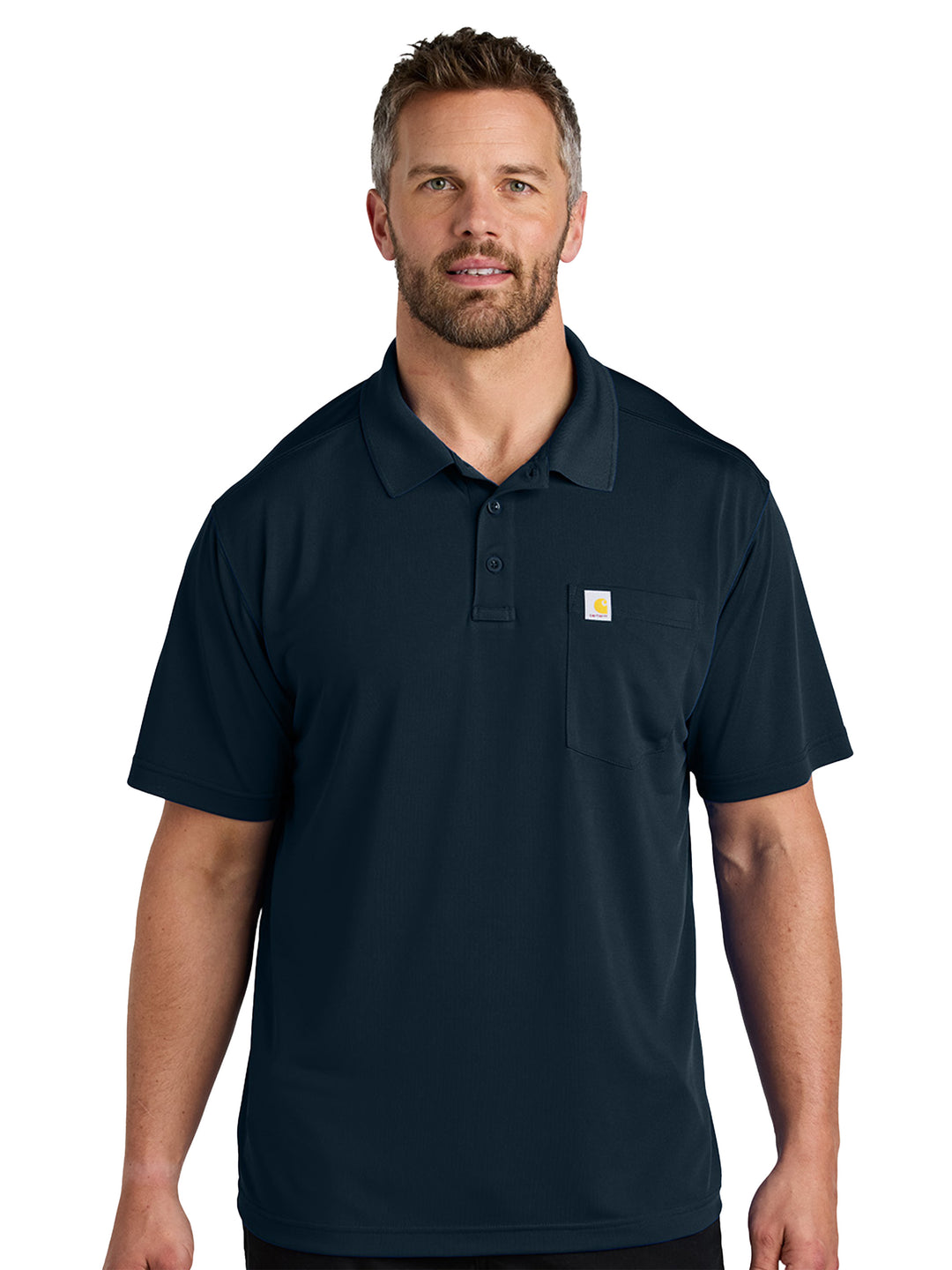 Custom Carhartt Force Snag-Resistant Pocket Polo in navy blue, offering a durable and moisture-wicking design for all-day comfort.