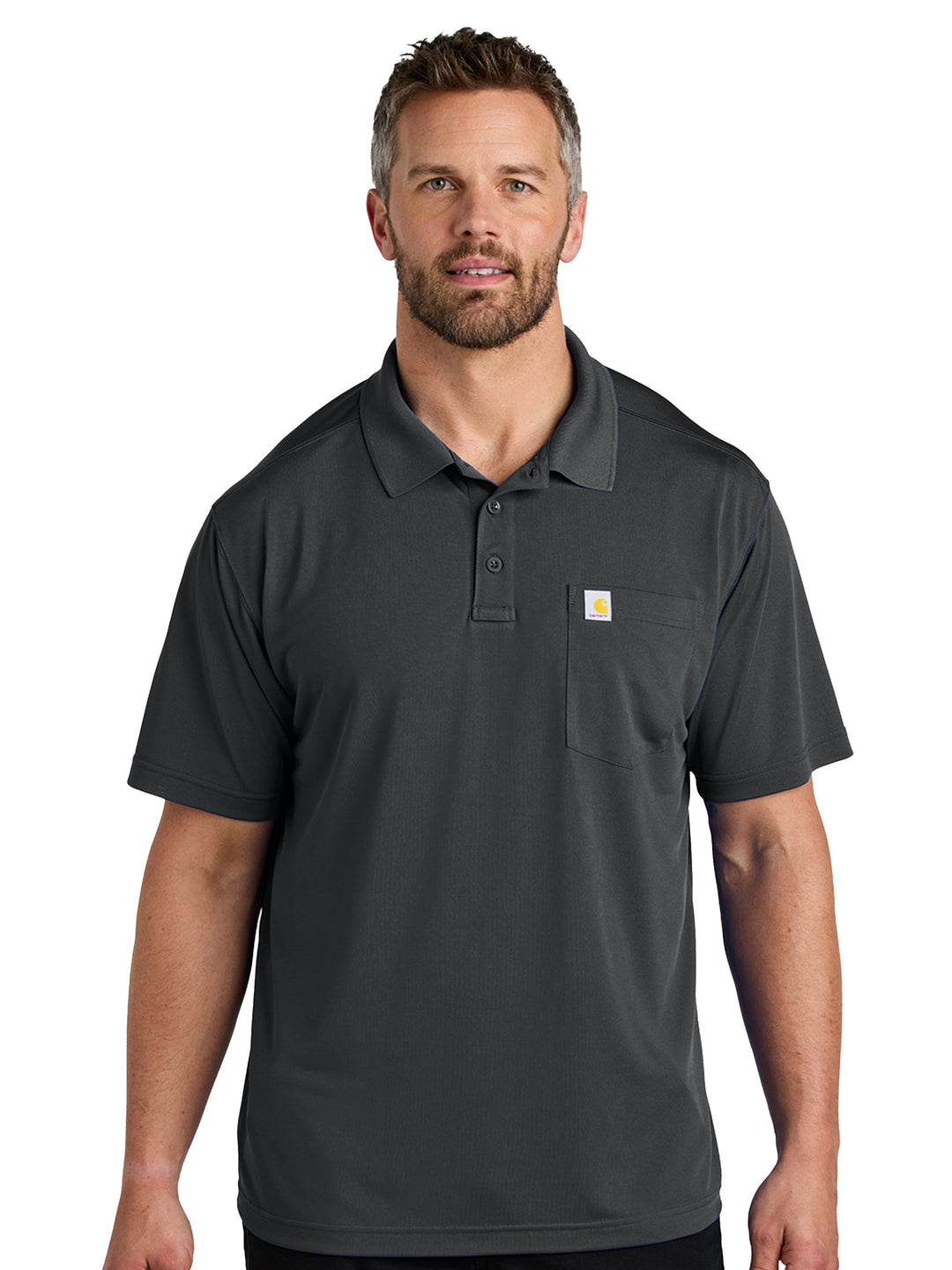 Custom Carhartt Force Snag-Resistant Pocket Polo in dark gray, featuring a rugged yet professional design with moisture-wicking technology.