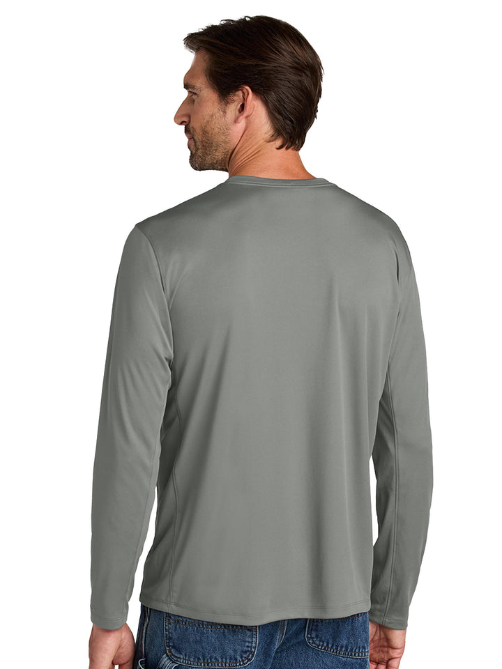 Back view of gray Custom Carhartt Force Sun Defender Long Sleeve T-Shirt, showcasing lightweight fabric and relaxed fit for custom branding.