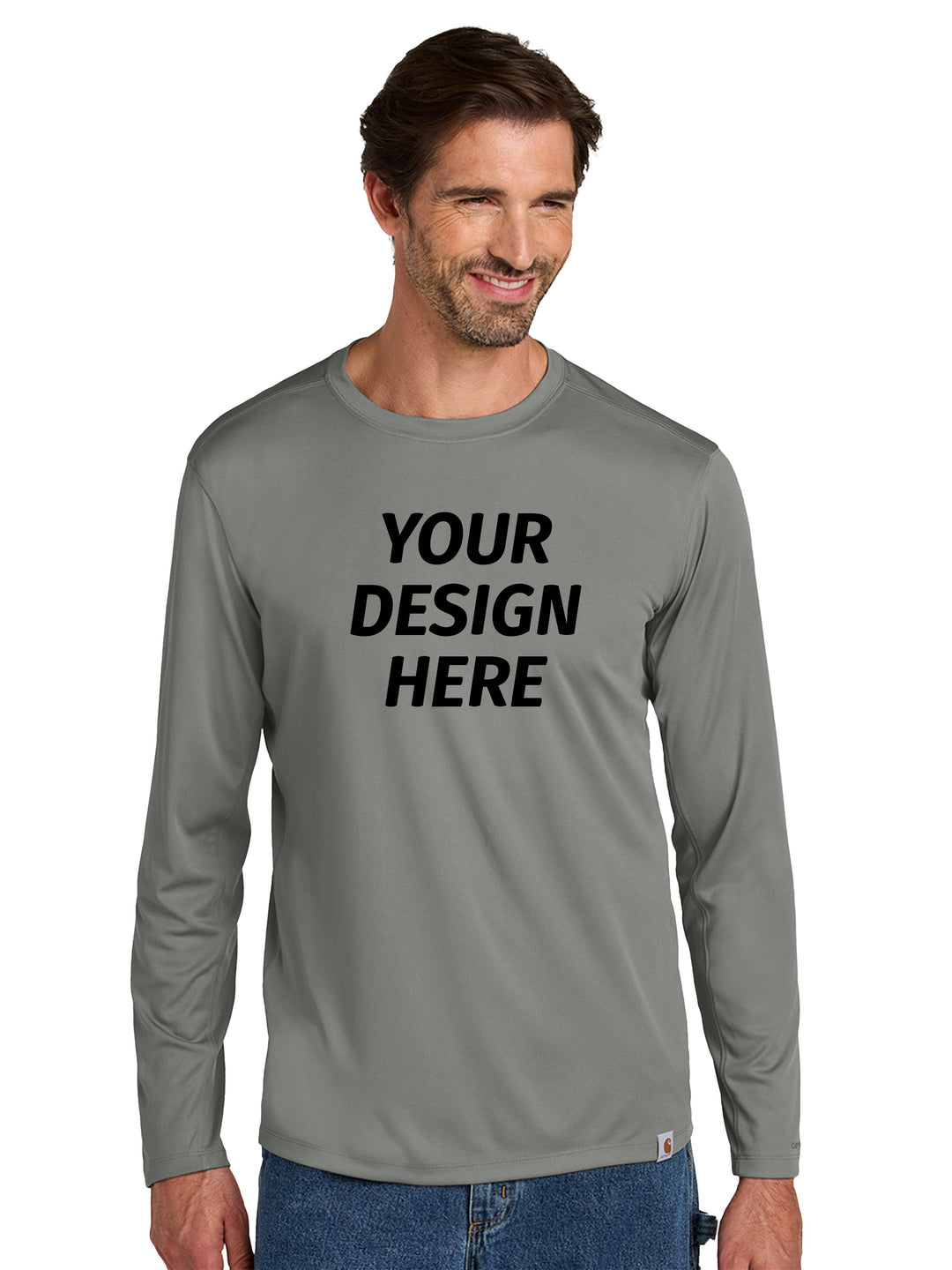 Custom Carhartt Force Sun Defender Long Sleeve T-Shirt in gray with 'Your Design Here' text, ideal for personalized workwear or team apparel.