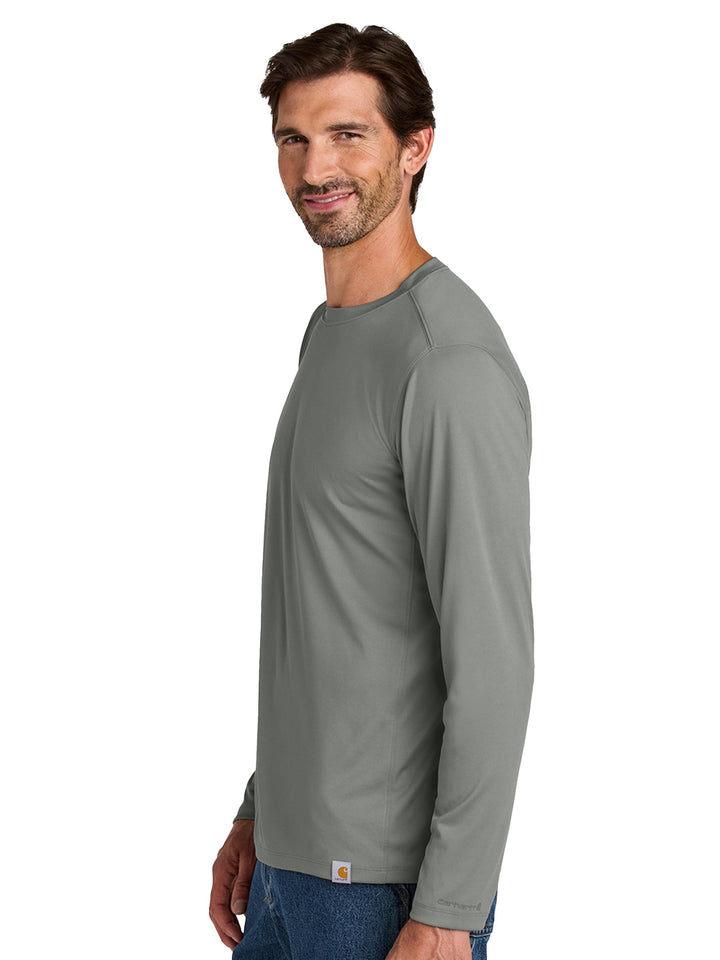 Side view of gray Custom Carhartt Force Sun Defender Long Sleeve T-Shirt, perfect for showcasing logo placement and sleeve design options.