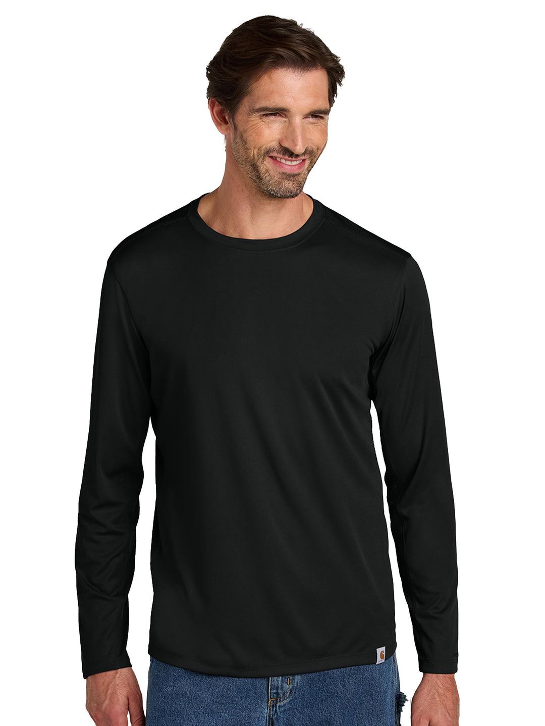 Black Custom Carhartt Force Sun Defender Long Sleeve T-Shirt, ideal for custom embroidery or screen printing for corporate or crew uniforms.