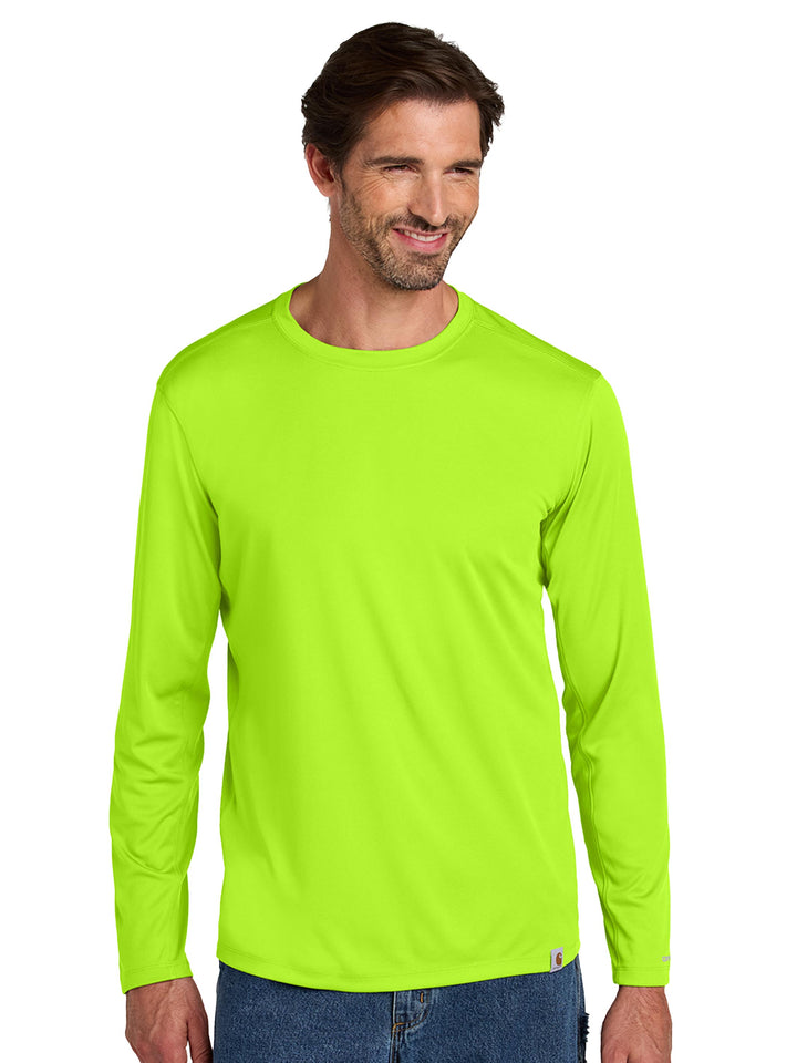 Bright lime Custom Carhartt Force Sun Defender Long Sleeve T-Shirt, perfect for high-visibility custom workwear or outdoor team gear.
