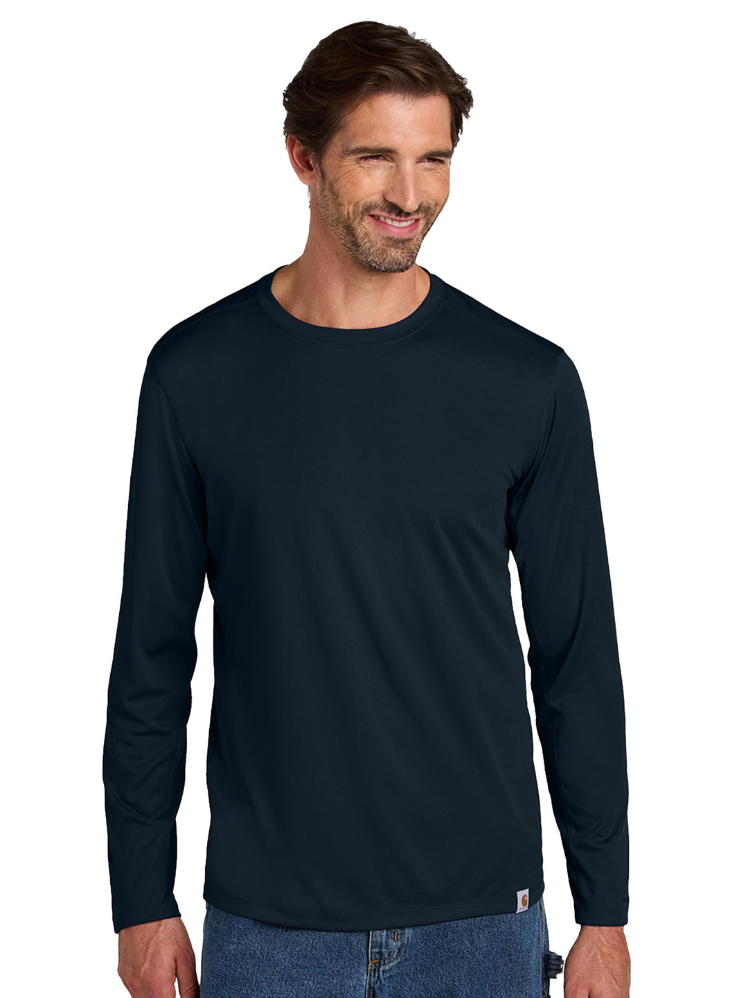 Navy Custom Carhartt Force Sun Defender Long Sleeve T-Shirt, ideal for custom branding in professional or industrial settings.