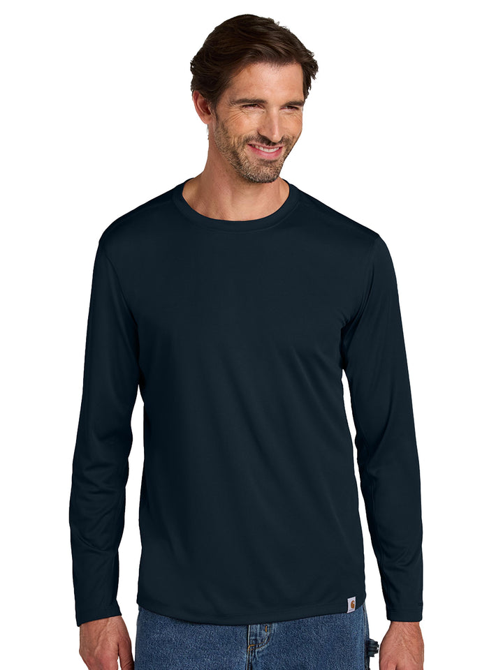 Navy Custom Carhartt Force Sun Defender Long Sleeve T-Shirt, ideal for custom branding in professional or industrial settings.