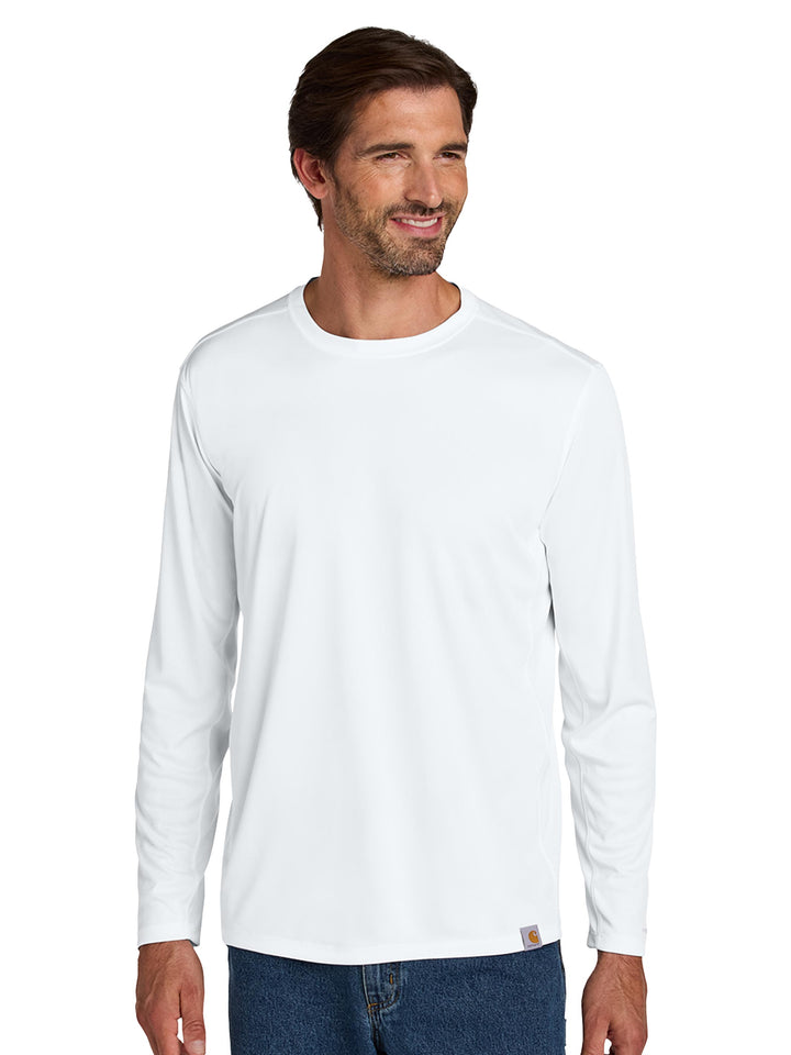 White Custom Carhartt Force Sun Defender Long Sleeve T-Shirt, perfect for clean logo printing or embroidery for corporate events or teams.