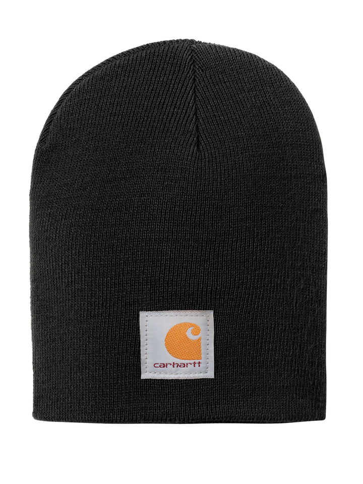 Carhartt® Acrylic Knit Hat Beanie in black, made from warm acrylic knit material with a signature Carhartt logo patch on the cuff.