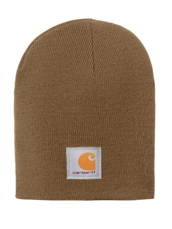 Carhartt® Acrylic Knit Hat Beanie in brown, designed for warmth and durability with a fold-over cuff and Carhartt logo patch.