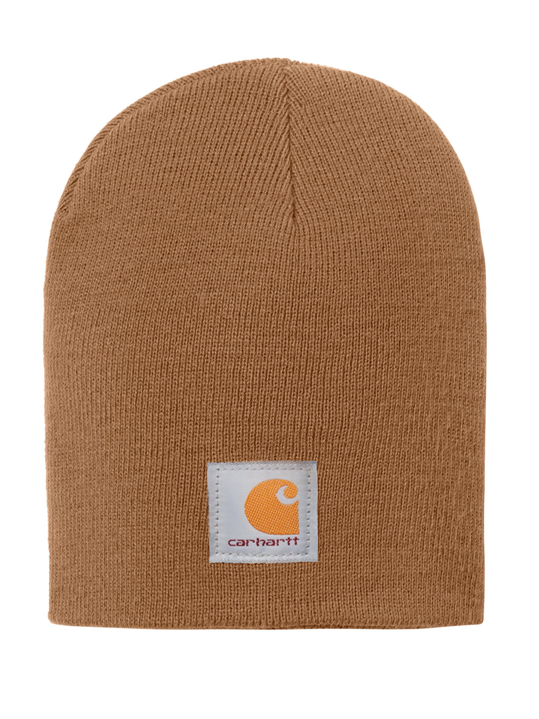 Carhartt® Acrylic Knit Hat Beanie in camel brown, featuring a soft knit texture and a sewn-on Carhartt logo patch for a rugged look.