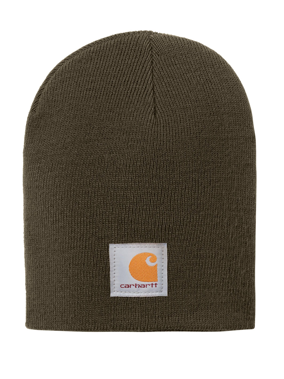 Carhartt® Acrylic Knit Hat Beanie in olive green, crafted from durable acrylic knit fabric with a signature Carhartt logo patch.