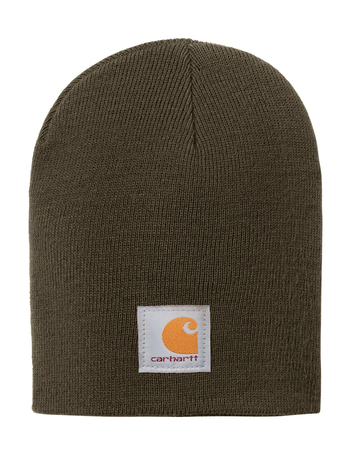 Carhartt® Acrylic Knit Hat Beanie in olive green, crafted from durable acrylic knit fabric with a signature Carhartt logo patch.