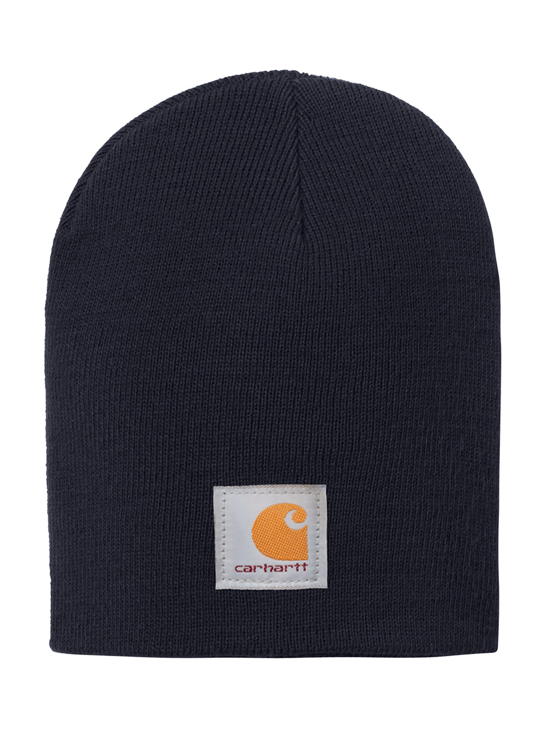 Carhartt® Acrylic Knit Hat Beanie in navy blue featuring a soft acrylic knit fabric and a sewn-on Carhartt logo patch on the front.