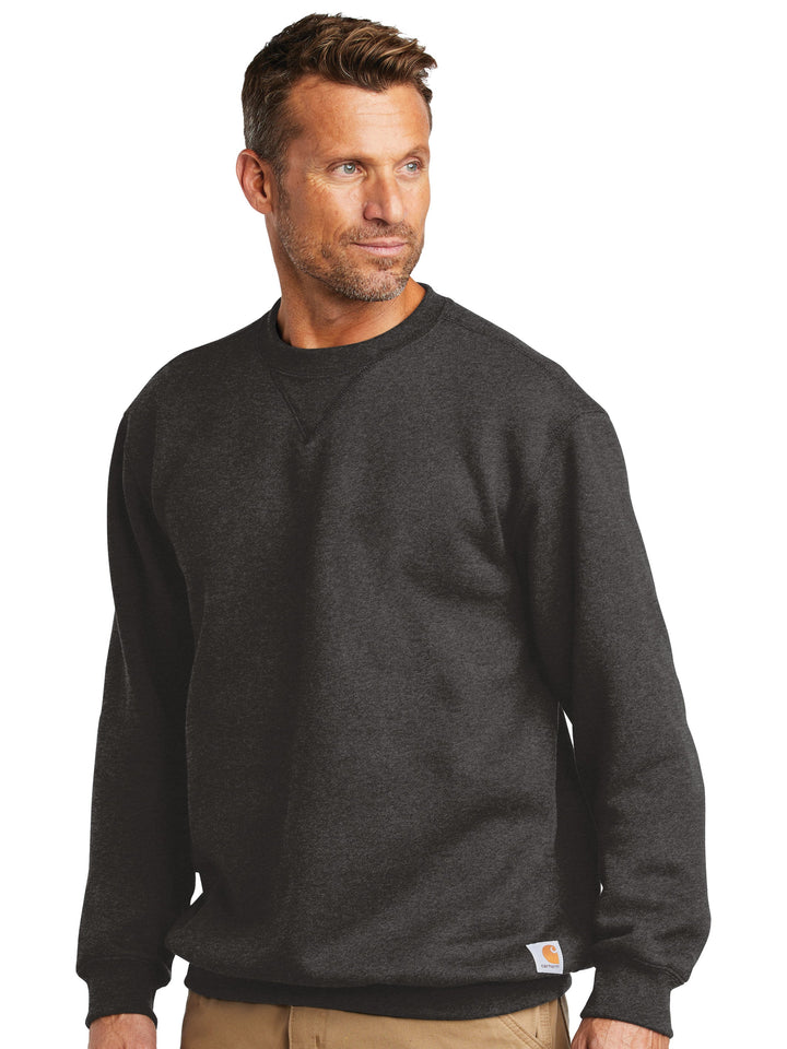 Side view of the Carhartt Midweight Crewneck sweatshirt in black, showcasing its durable fabric and relaxed fit. Perfect for workwear or casual wear.