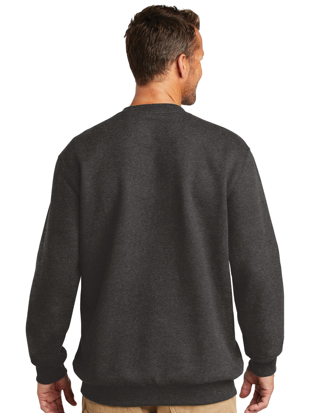 Back view of the Carhartt Midweight Crewneck sweatshirt in black, highlighting its sturdy construction and comfortable design. Great for customization with logos.