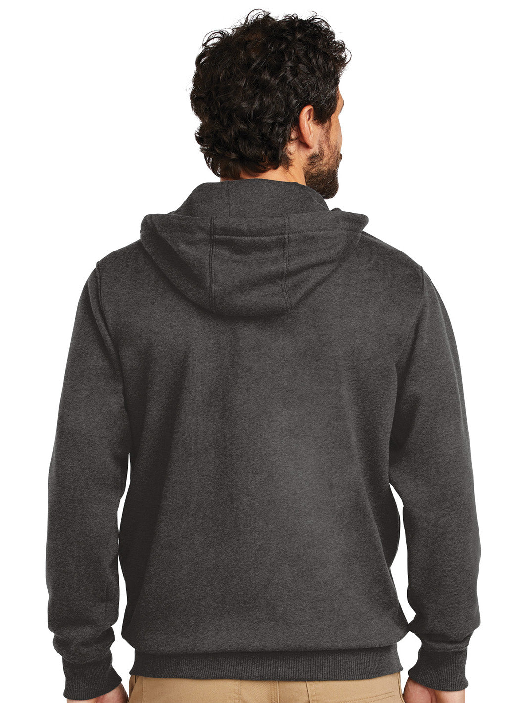 Back view of the Custom Carhartt Rain Defender Paxton Heavyweight Zip Up Hoodie in dark gray, showcasing its sturdy hood and heavyweight fabric for durability.