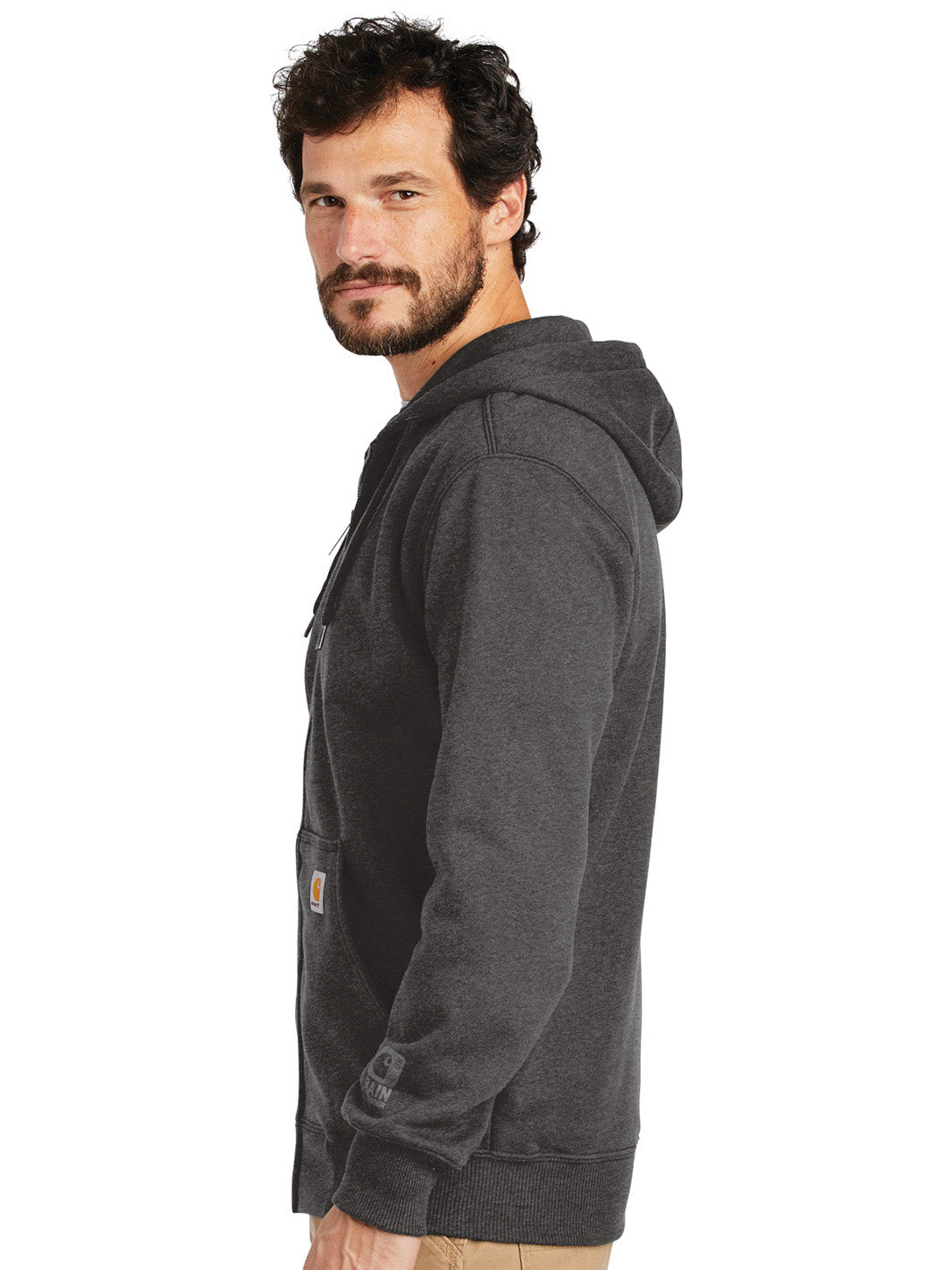 Side profile of the Custom Carhartt Rain Defender Paxton Heavyweight Zip Up Hoodie in dark gray, highlighting its adjustable hood and rib-knit cuffs for a secure fit.