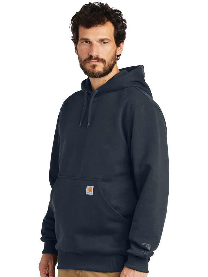 Side view of the Carhartt Rain Defender Hoodie, featuring a durable, heavyweight design. Customize with logos or text for a unique look.