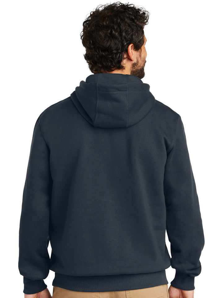 Back view of the Carhartt Rain Defender Hoodie, showcasing a relaxed fit and hood. Ideal for custom embroidery and bulk orders.