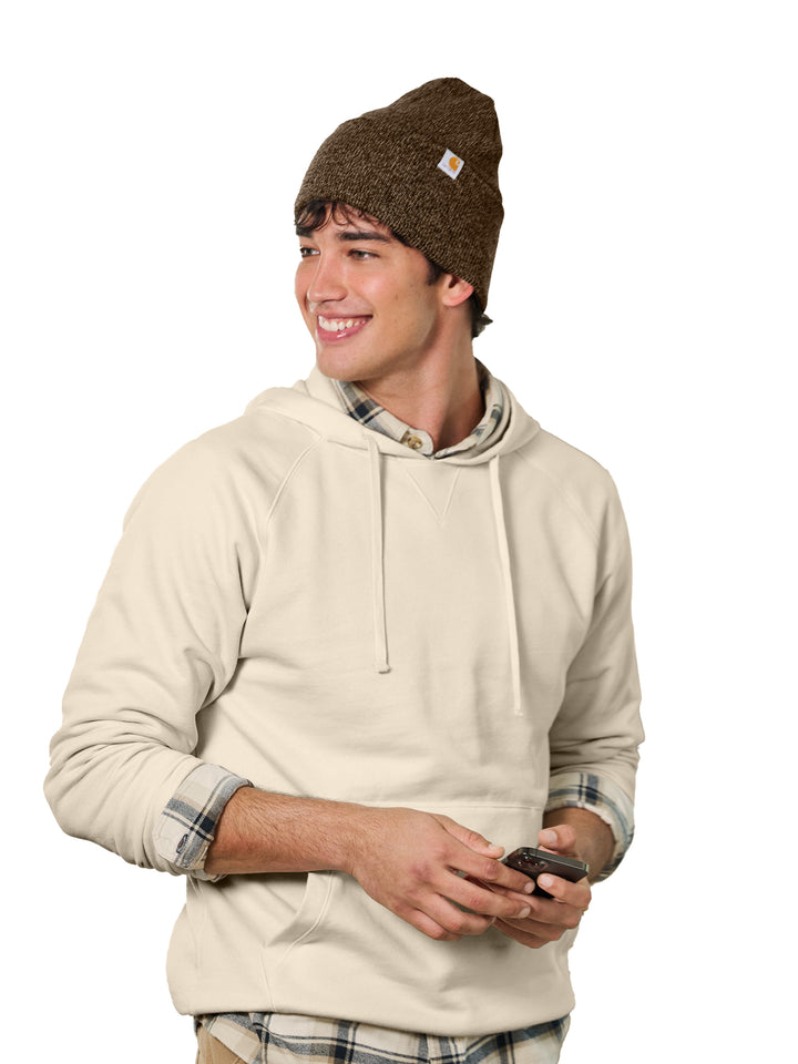 Man wearing a personalized Carhartt Watch Cap 2.0 in brown. Stylish and warm, perfect for work or casual wear.