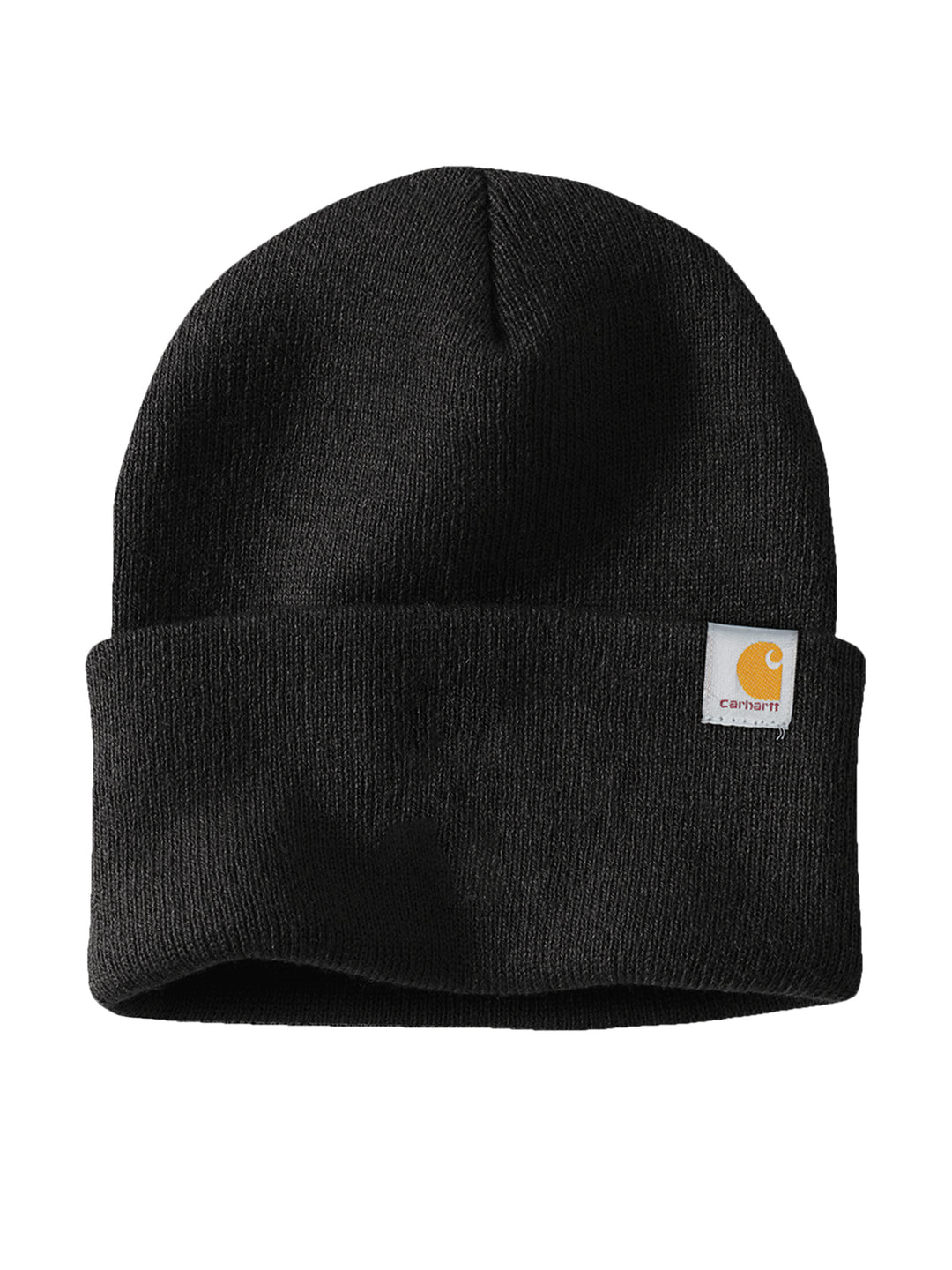 Black Carhartt Watch Cap 2.0 Beanie with a fold-over cuff and Carhartt logo patch. Customize with embroidery for a personal touch.