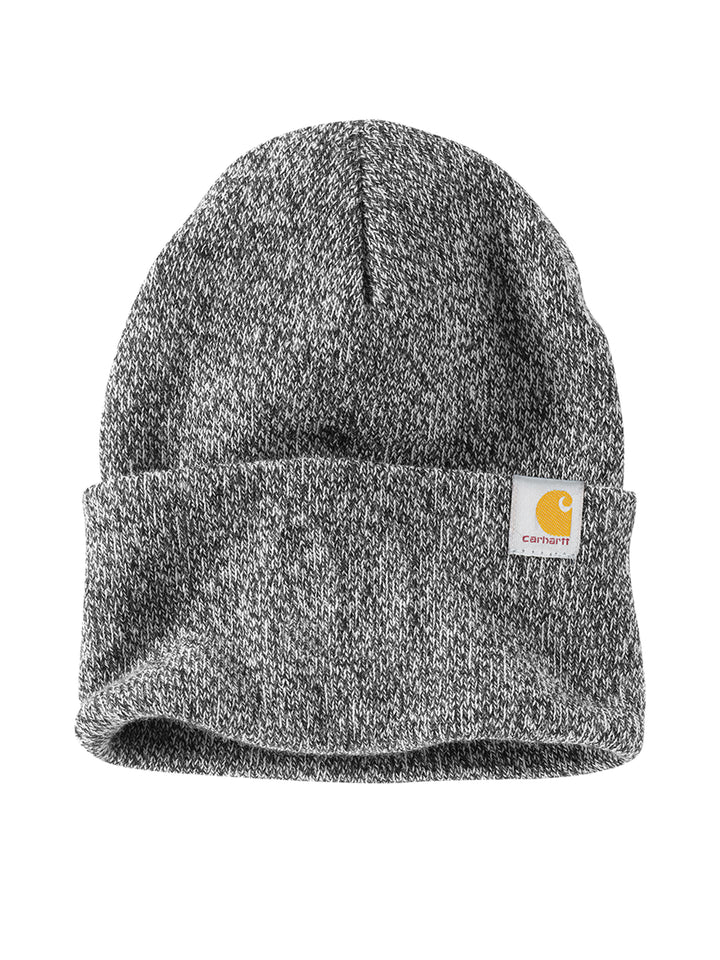 Heathered gray Carhartt Beanie with a fold-over cuff and Carhartt logo patch. Customizable with embroidery for a personalized touch.