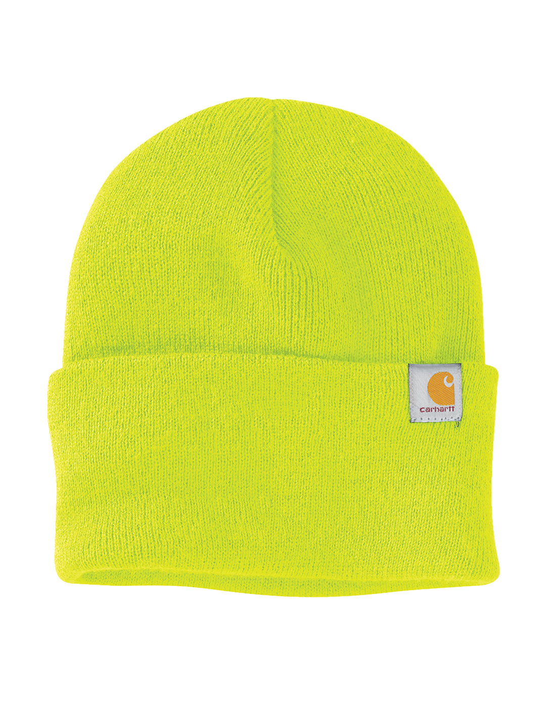 High-visibility yellow Carhartt Beanie with a fold-over cuff and Carhartt logo patch. Ideal for workwear and customizable with embroidery.