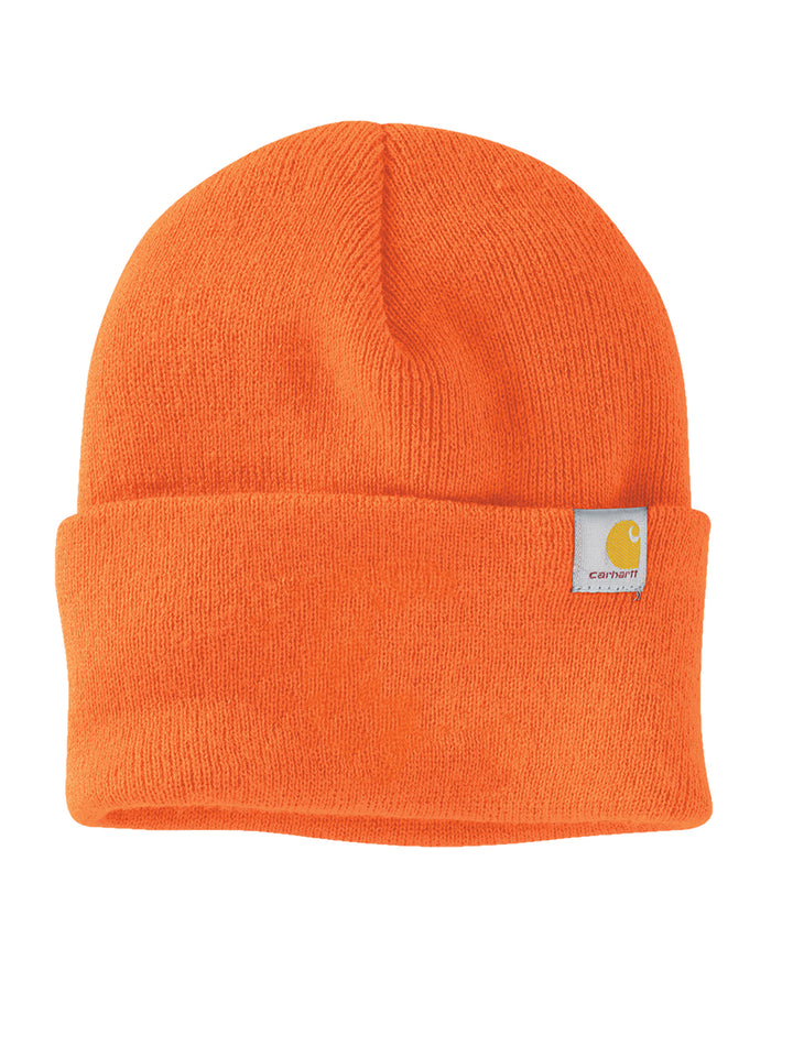 Bright orange Carhartt Watch Cap 2.0 Beanie with a fold-over cuff and Carhartt logo patch. Customize with embroidery for a unique style.