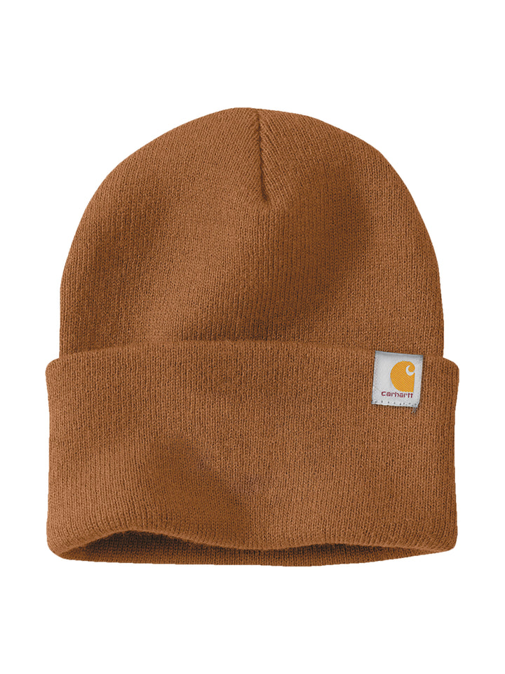 Carhartt Beanie in classic brown with a fold-over cuff and Carhartt logo patch. Personalize with embroidery for a custom design.