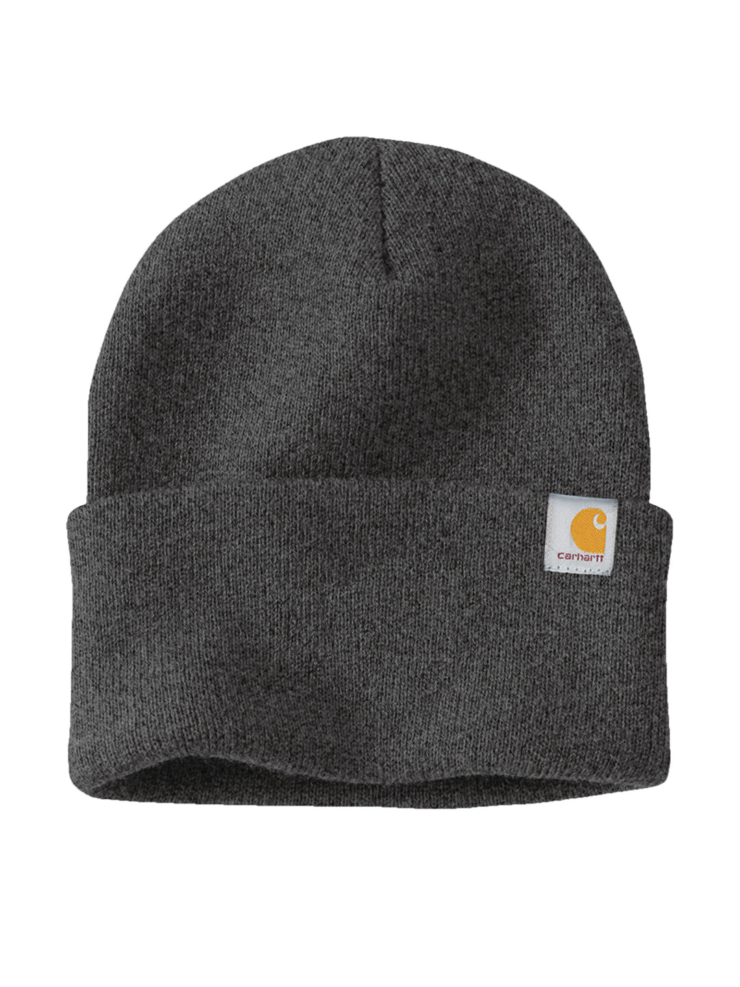 Dark gray Carhartt Beanie with a fold-over cuff and Carhartt logo patch. Ideal for work or casual wear with custom embroidery options.