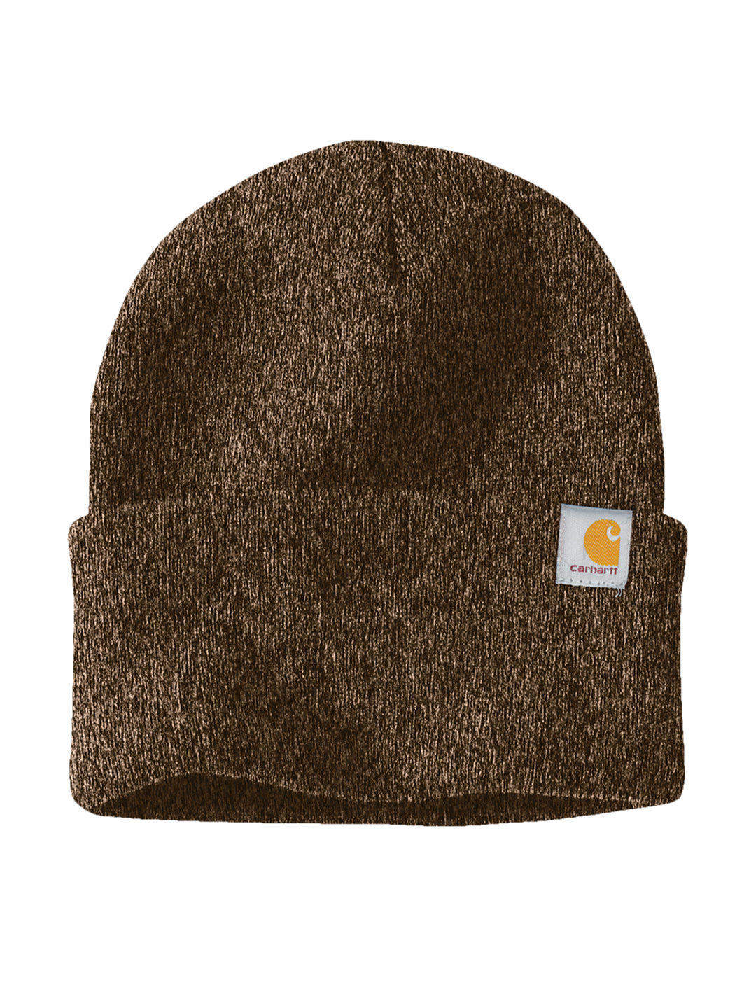 Brown heathered Carhartt Watch Cap 2.0 Beanie with a fold-over cuff and Carhartt logo patch. Customize with embroidery for a unique look.