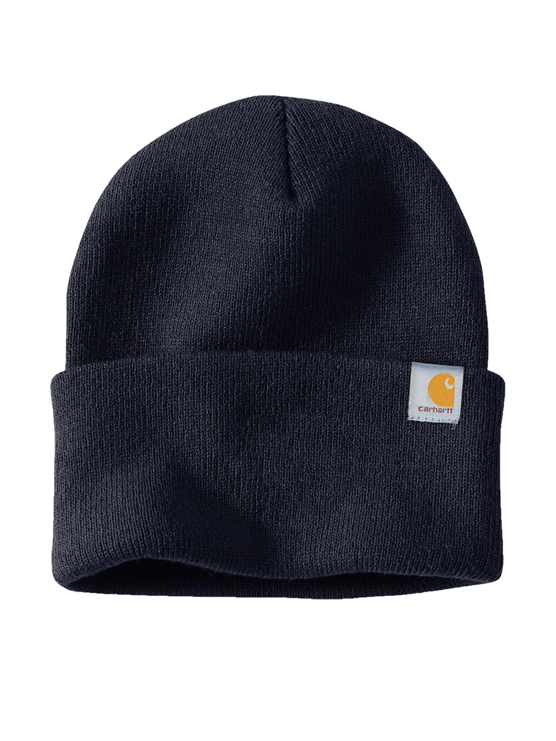 Navy blue Carhartt Watch Cap 2.0 Beanie featuring a fold-over cuff and Carhartt logo patch. Personalize with embroidery for a unique style.